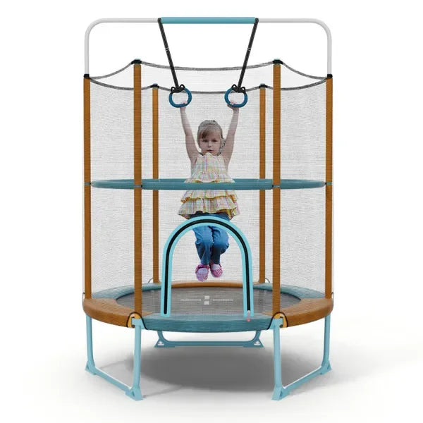 Kids Bouncy Trampoline With Gymnastic Bar And Rings For Indoor Outdoor Fun
