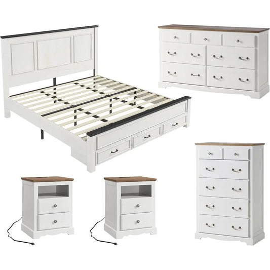 LISM Armhouse Rustic 5 Piece Bedroom Set With Bed And Two Nightstands