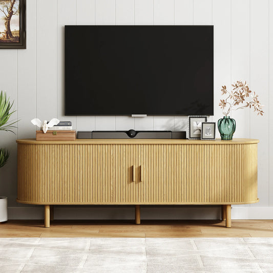 TV Stand With Power Outlet And Sliding Doors Storage