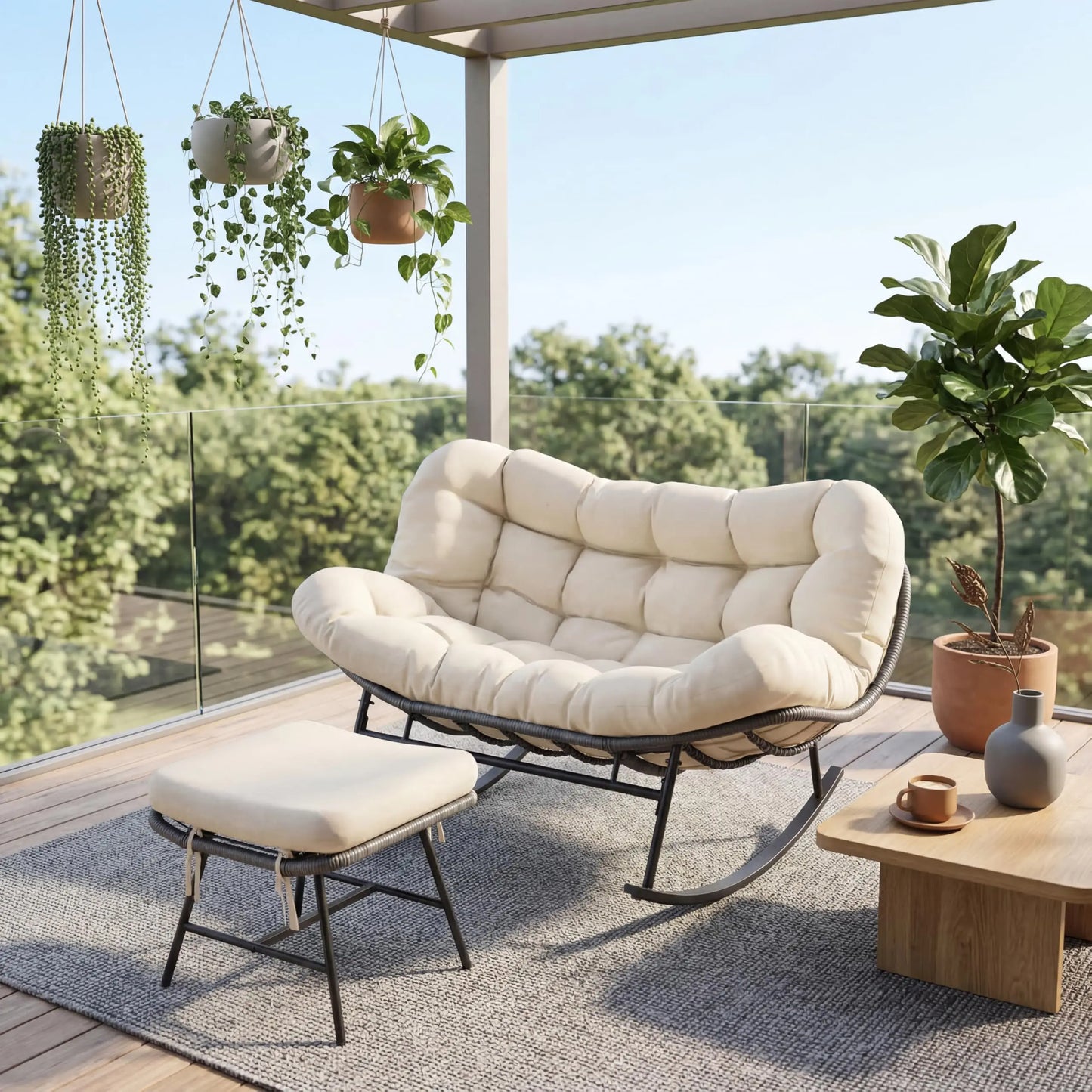 HiMISS Outdoor Two Person Patio Rocking Chair Set With Ottoman
