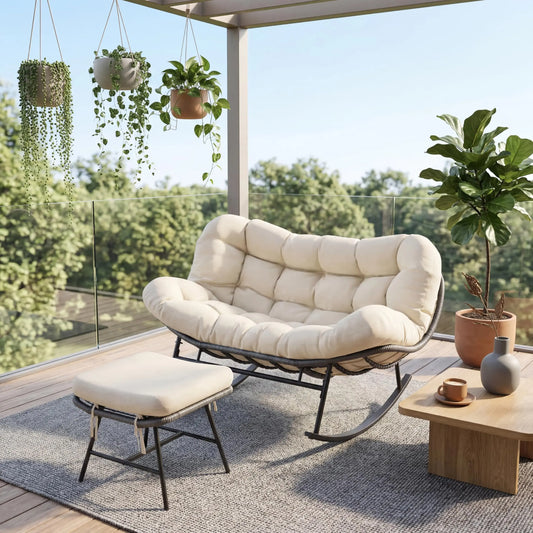 HiMISS Outdoor Two Person Patio Rocking Chair Set With Ottoman