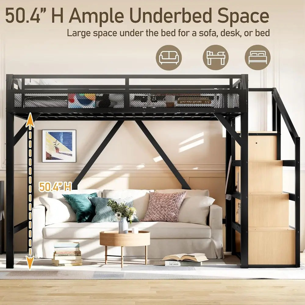 Metal Loft Bed With Storage Stairs And Wardrobe USB Lighting