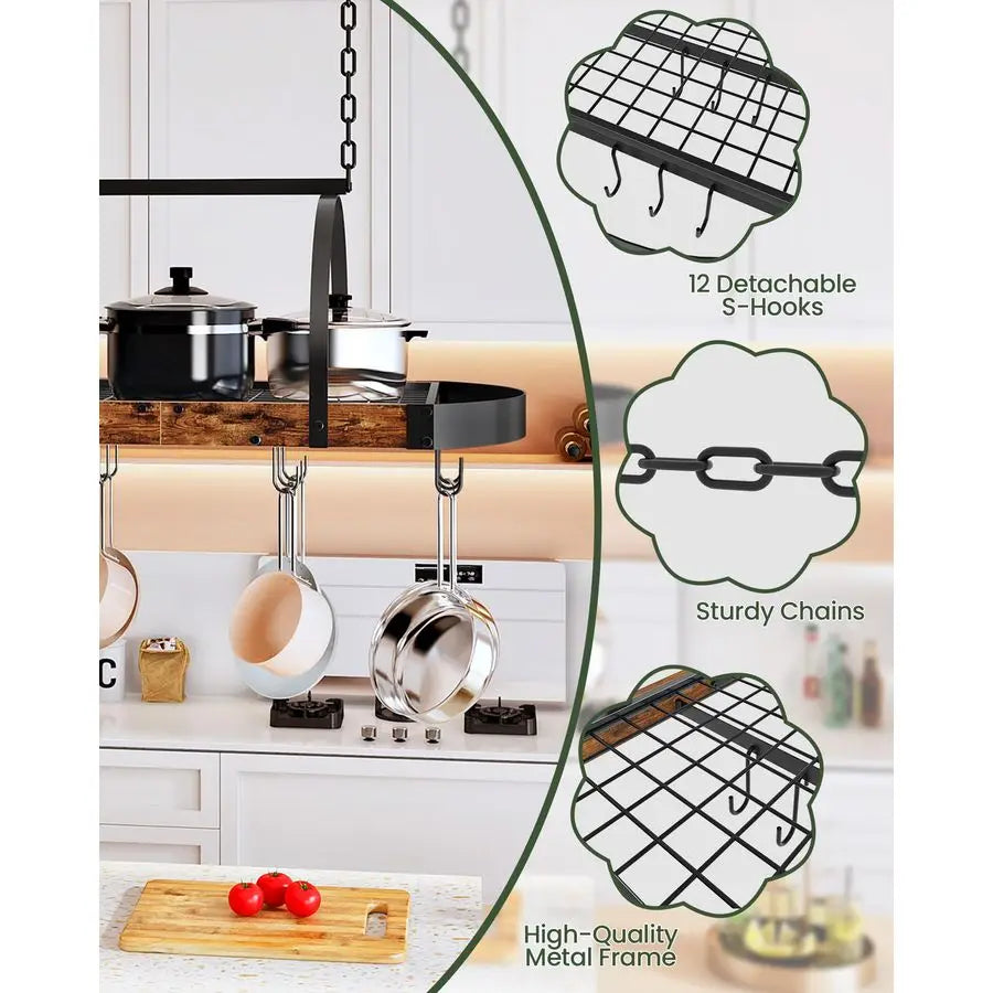 Pot Rack Ceiling Mounted With Mesh Shelf And Twelve S Hooks