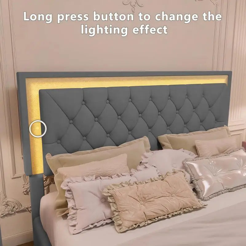 Upholstered Platform Bed With LED Lights And Nightstands Three Piece