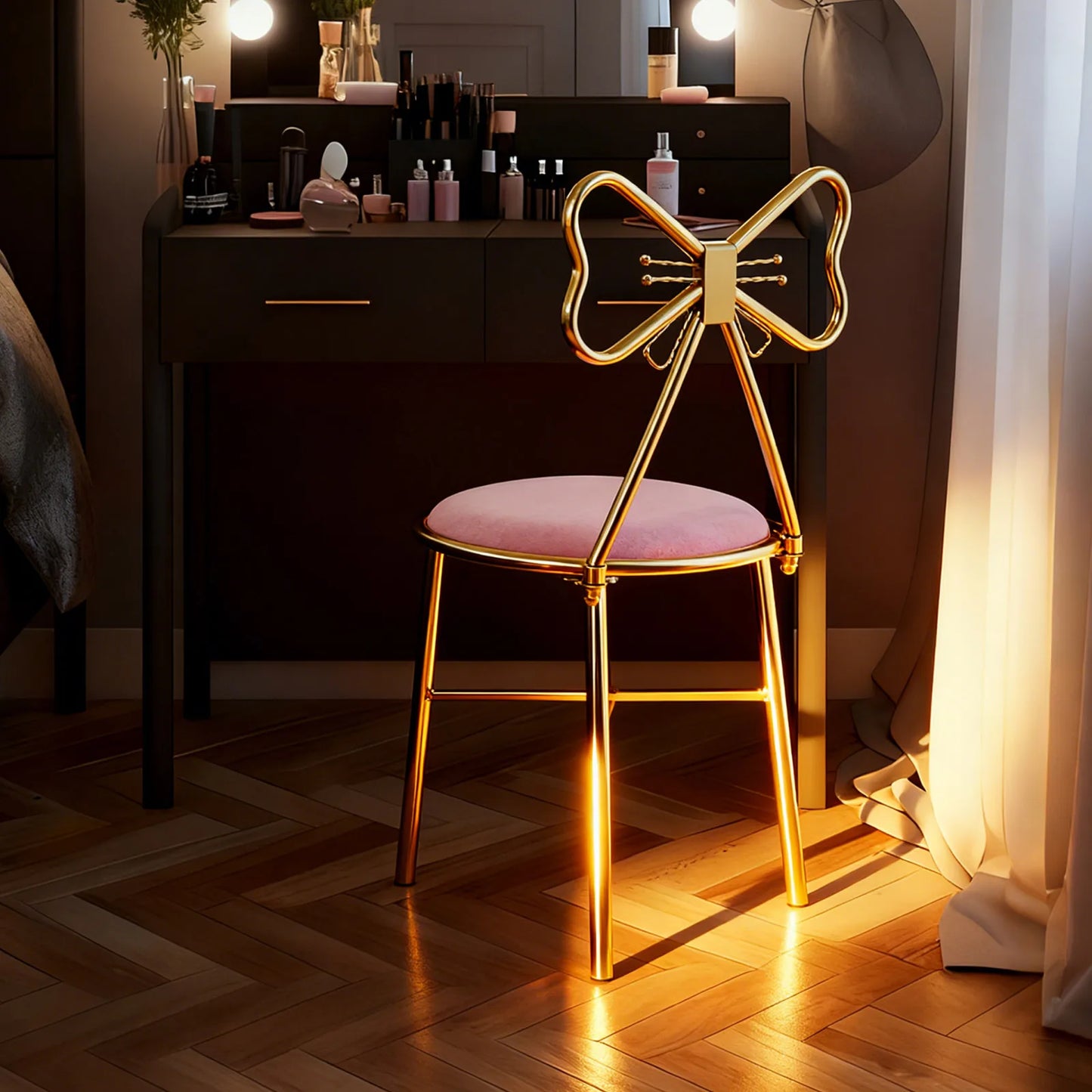 Pink Butterfly Back Vanity Stool With Flannelette Upholstery Makeup Chair