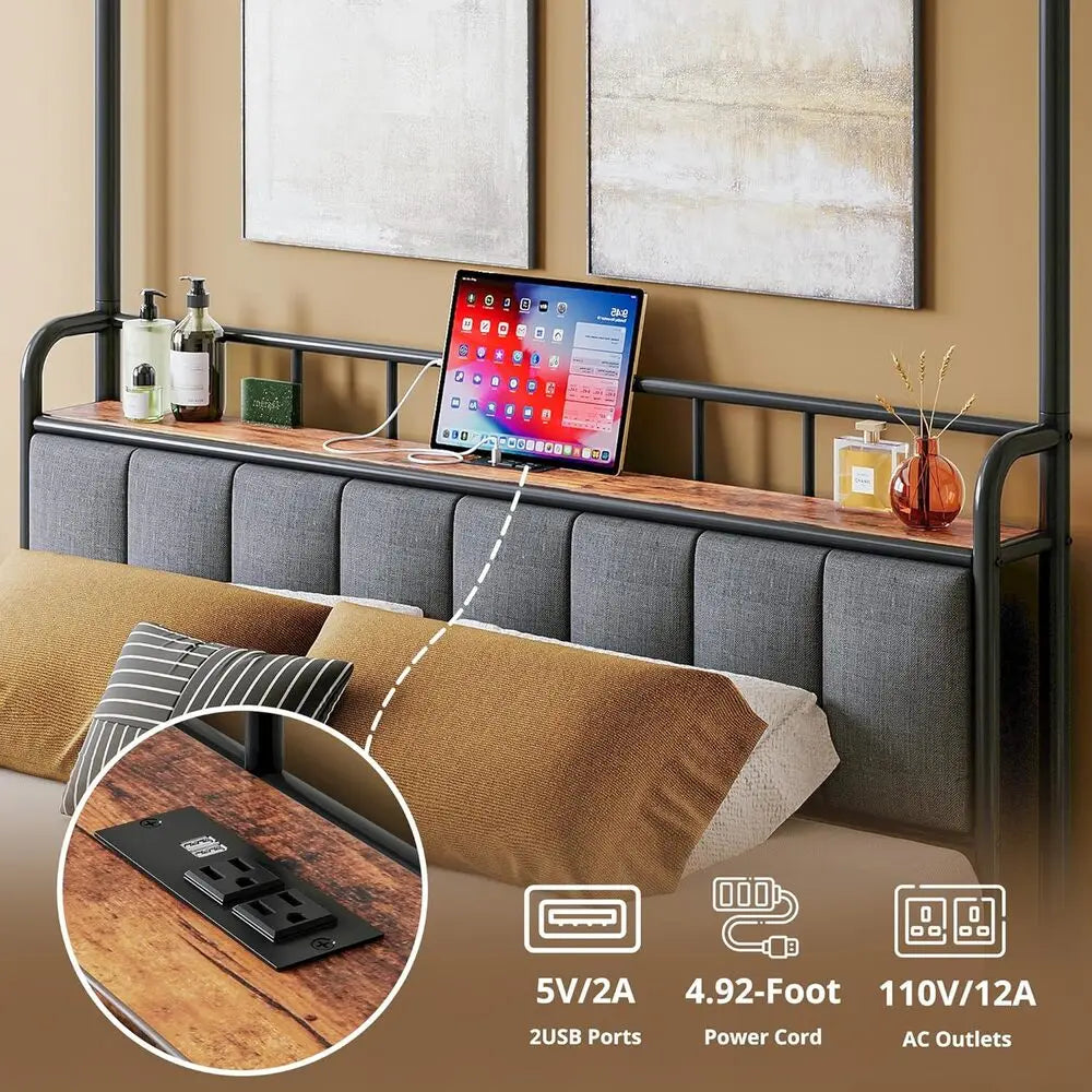 LIKIMIO Canopy Bed Frame With Storage Headboard Charging Station