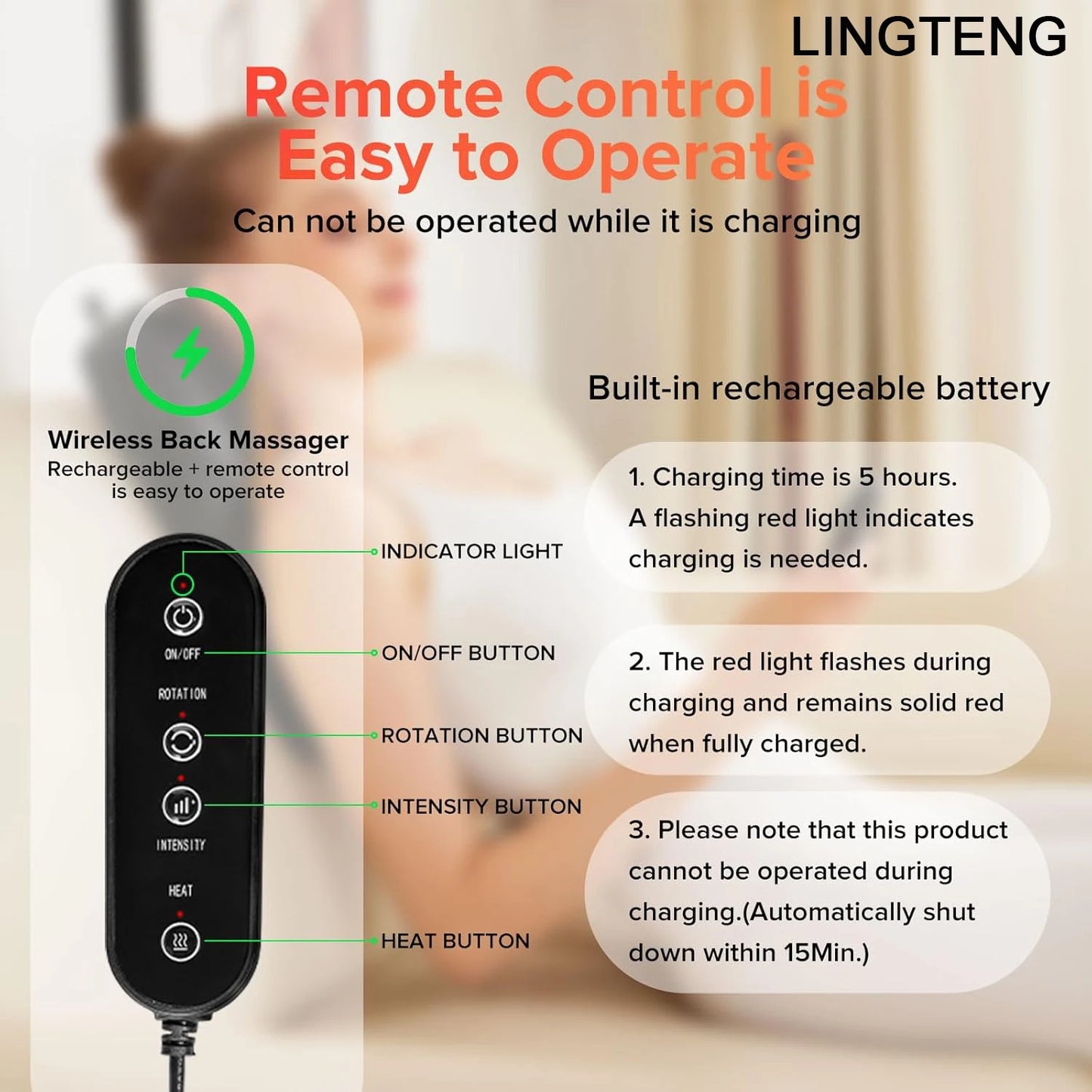 LINGTENG Wireless Back Neck Shoulder Massager USB Rechargeable