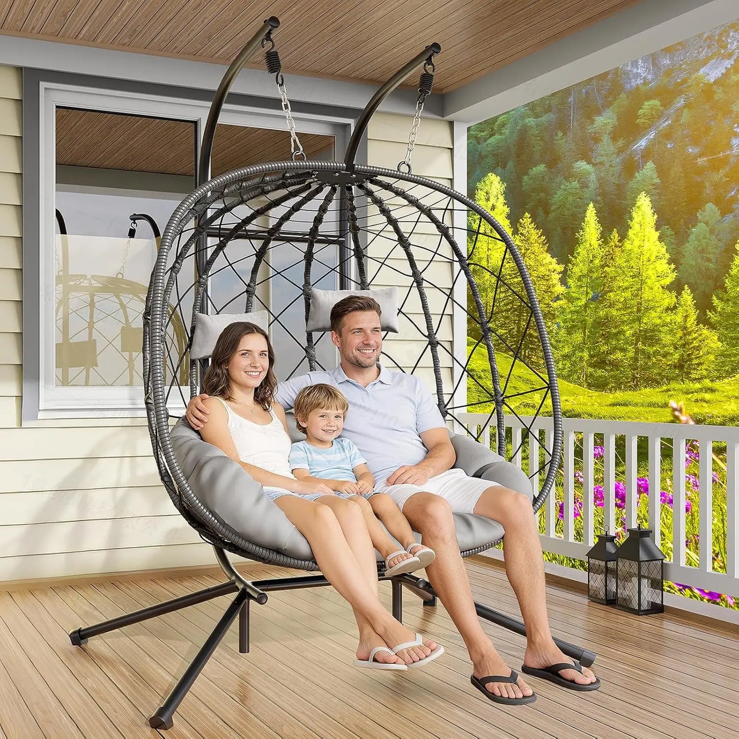 Double Egg Swing Chair With Stand For Two Outdoor Patio