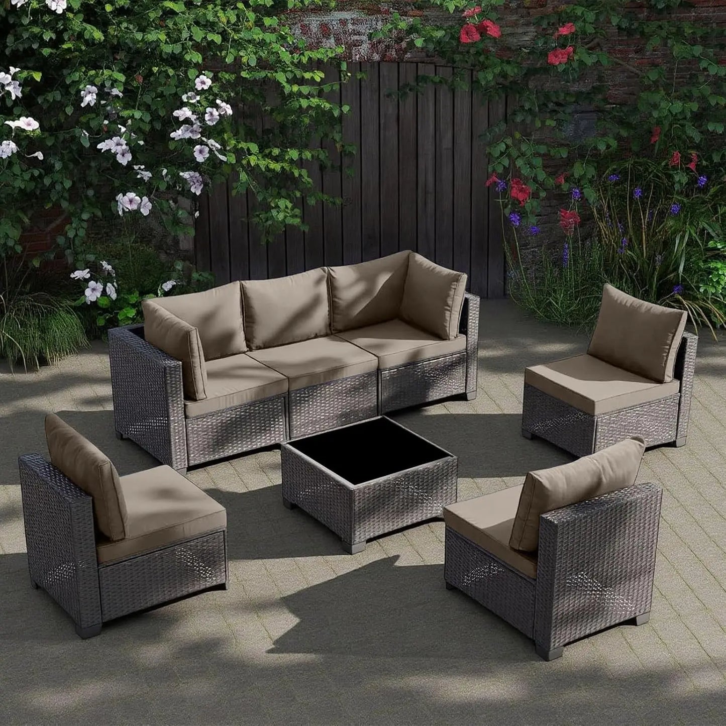 Outdoor Patio Furniture Set 7 Pieces All Weather Rattan Wicker