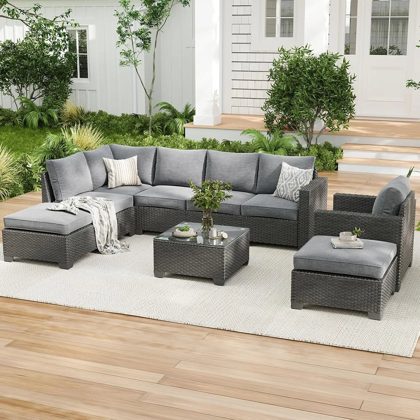 Farini Patio Rattan Sectional Sofa Set Outdoor Furniture Ottoman