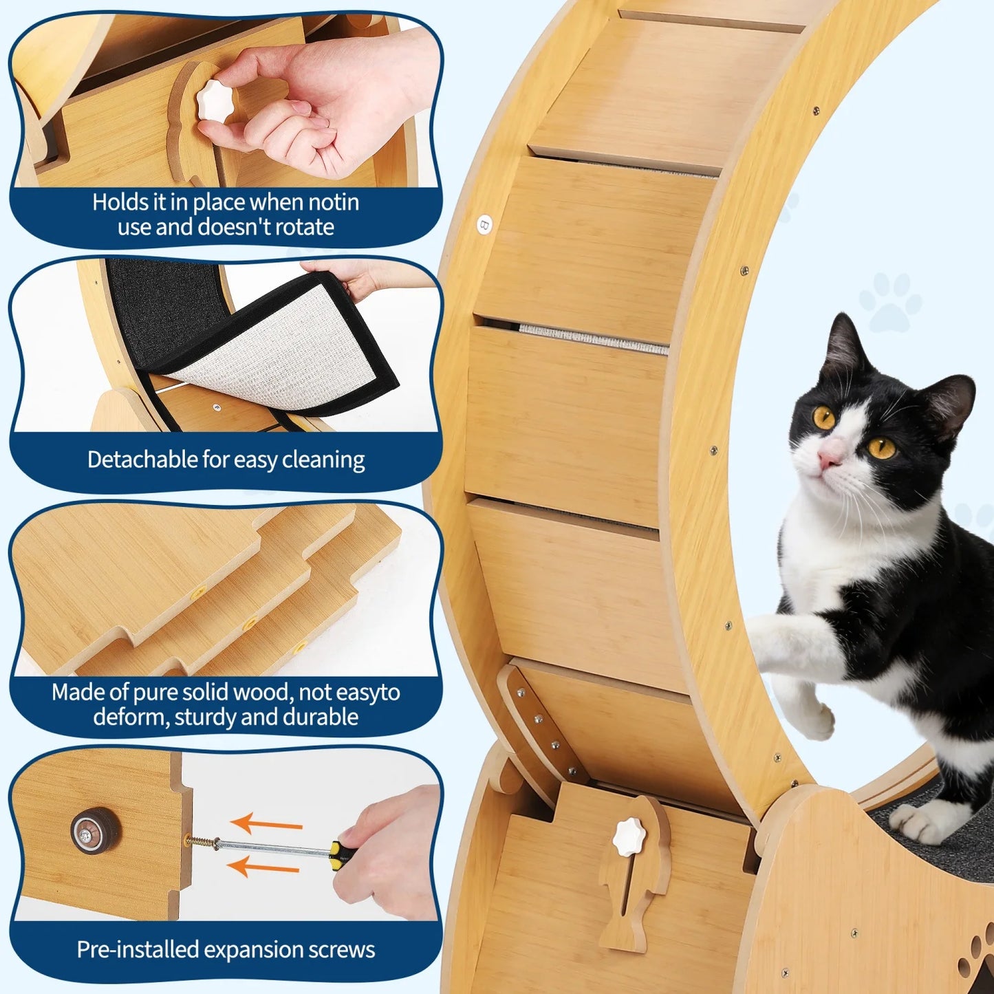 HiMISS Wooden Cat Exercise Wheel With Low Noise Carpeted Runway