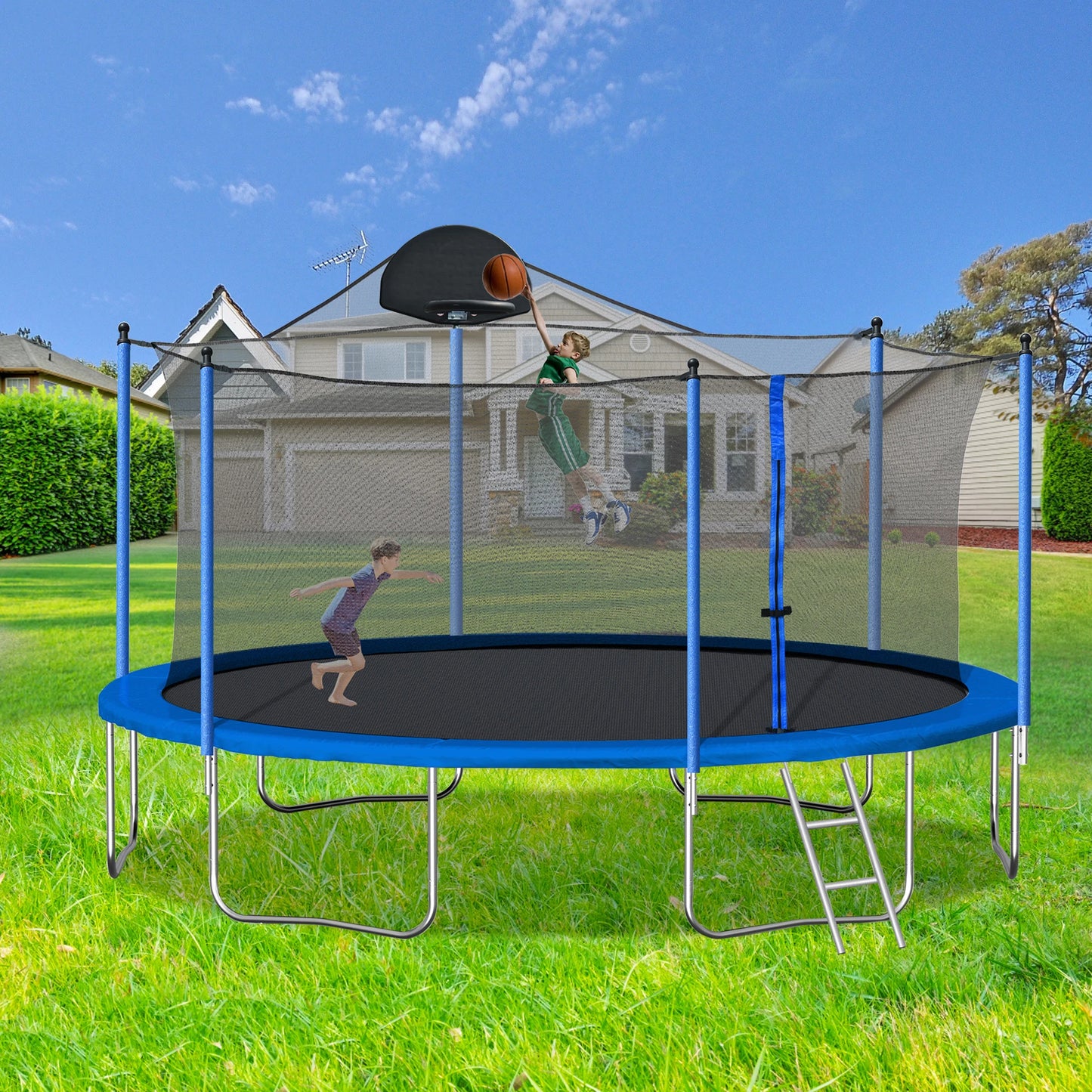 HiMISS Pumpkin Trampoline With Backboard Enclosure Net And Ladder