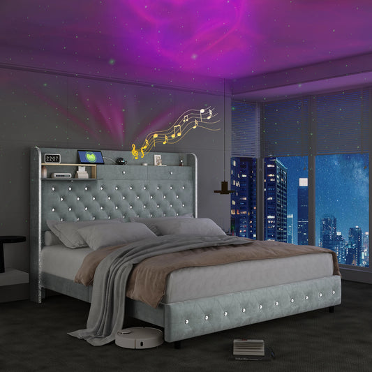 SIBEDS LED Bed Frame With Star Projector And Charging Station
