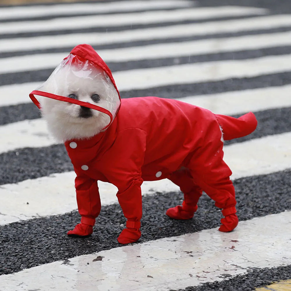 Dog Hooded Raincoat With Boots Four Leg Jumpsuit Waterproof