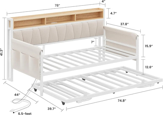LIKIMIO Daybed With Trundle Bed And Upholstered Headboard Charging Station