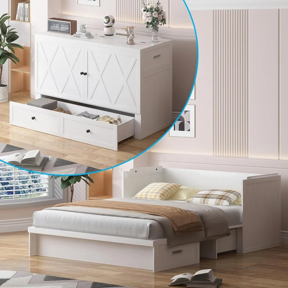 Murphy Bed With Tri-Folding Mattress Charging Station And Storage Drawers