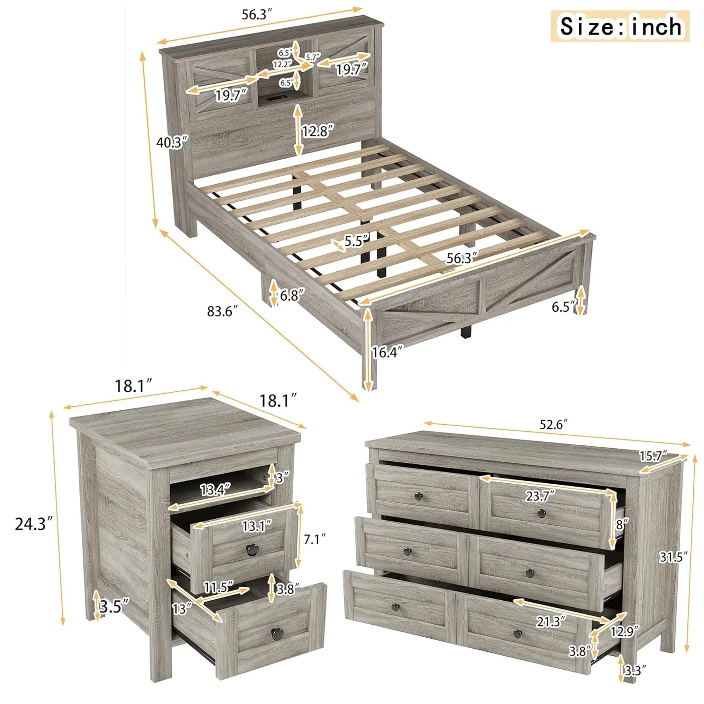 3 Piece Farmhouse Style Bedroom Set With Barn Door Bed