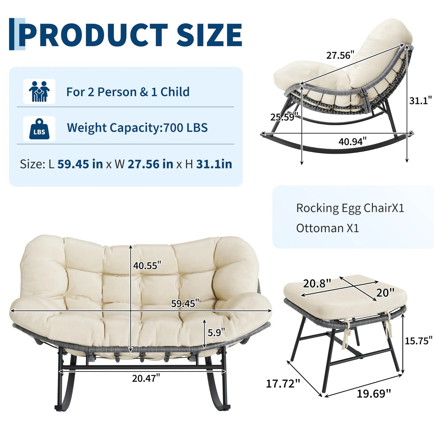 HiMISS Outdoor Two Person Patio Rocking Chair Set With Ottoman