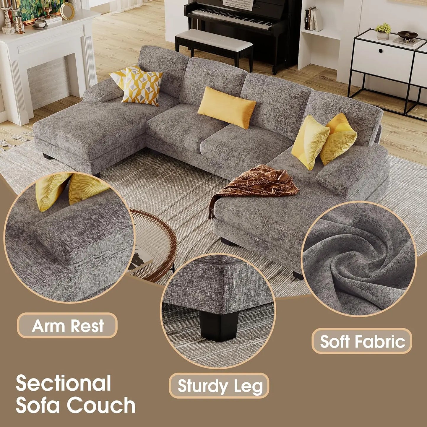 U Shaped Linen Sectional Sofa Living Room With Double Chaise
