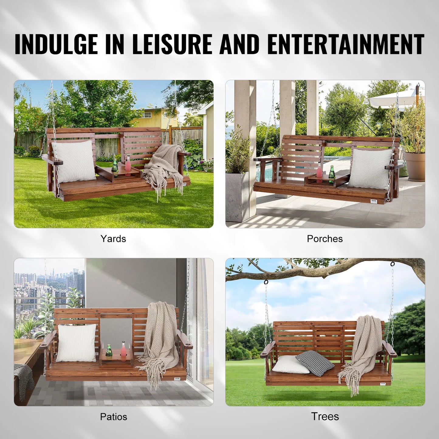 SucceBuy Cedar Wood Porch Swing With Steel Chains Outdoor Bench
