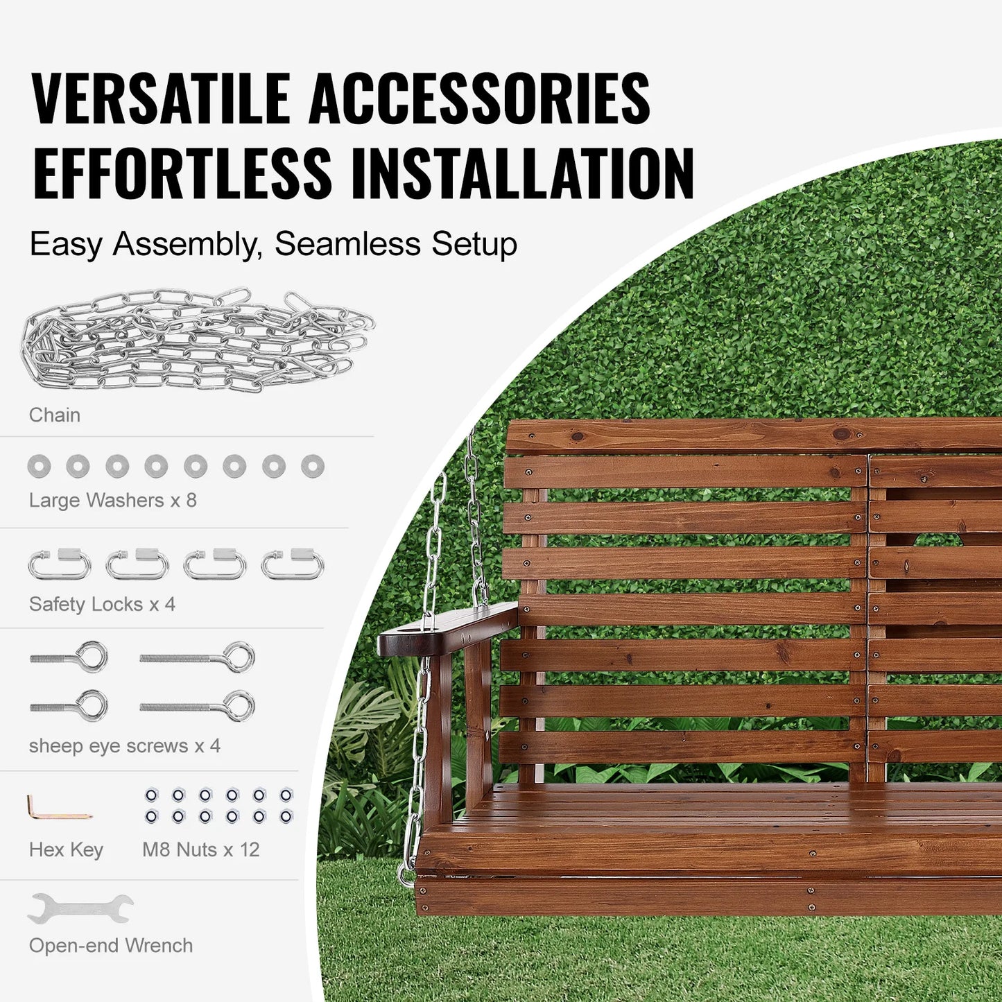 SucceBuy Cedar Wood Porch Swing With Steel Chains Outdoor Bench