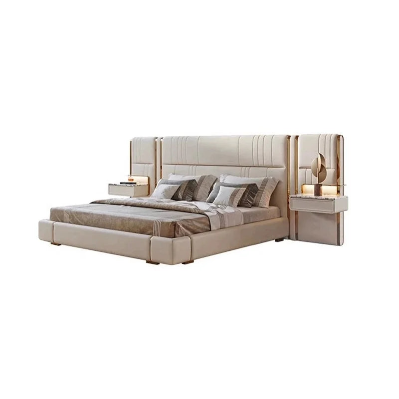 Modern Luxury Bed Frame With Extend Headboard Nightstand