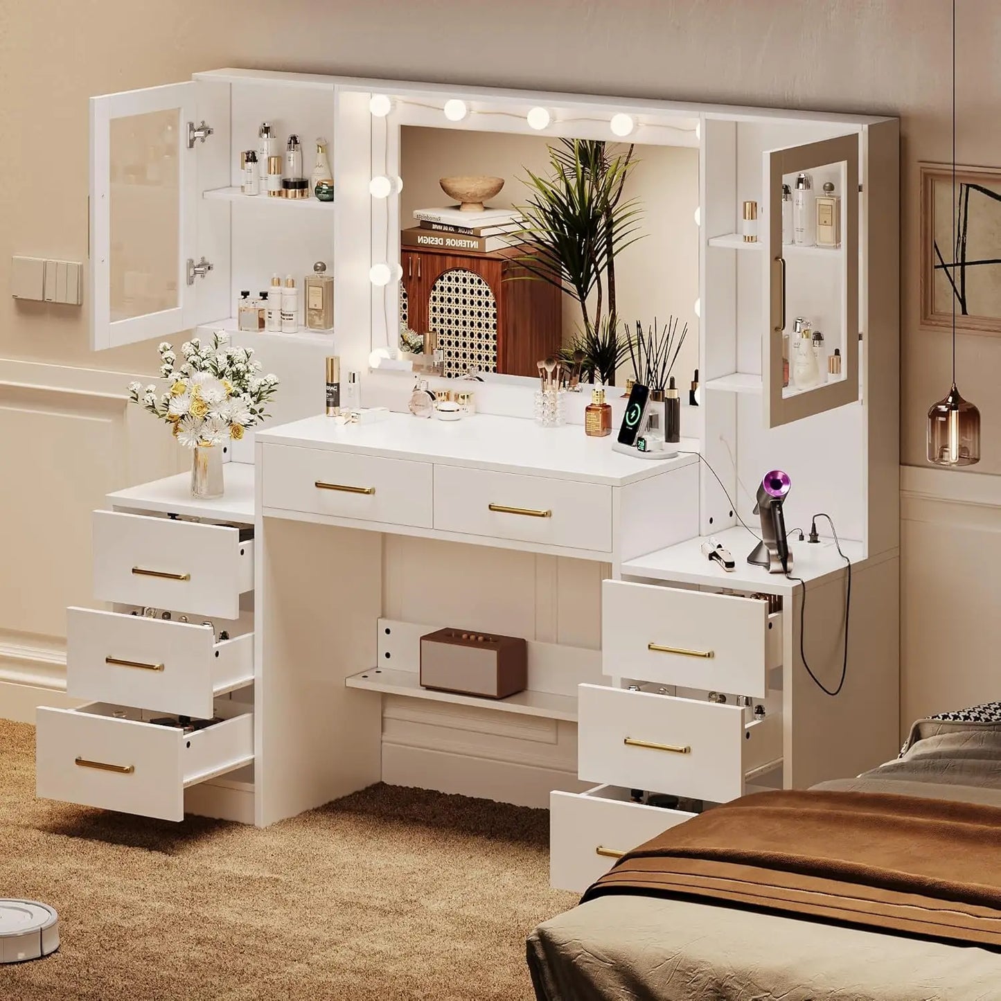 Vanity Desk With Mirror And Charging Station