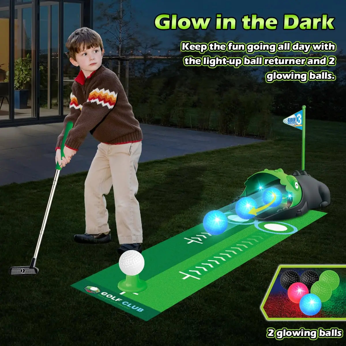 Kids Golf Club Putting Set With LED Automatic Returner