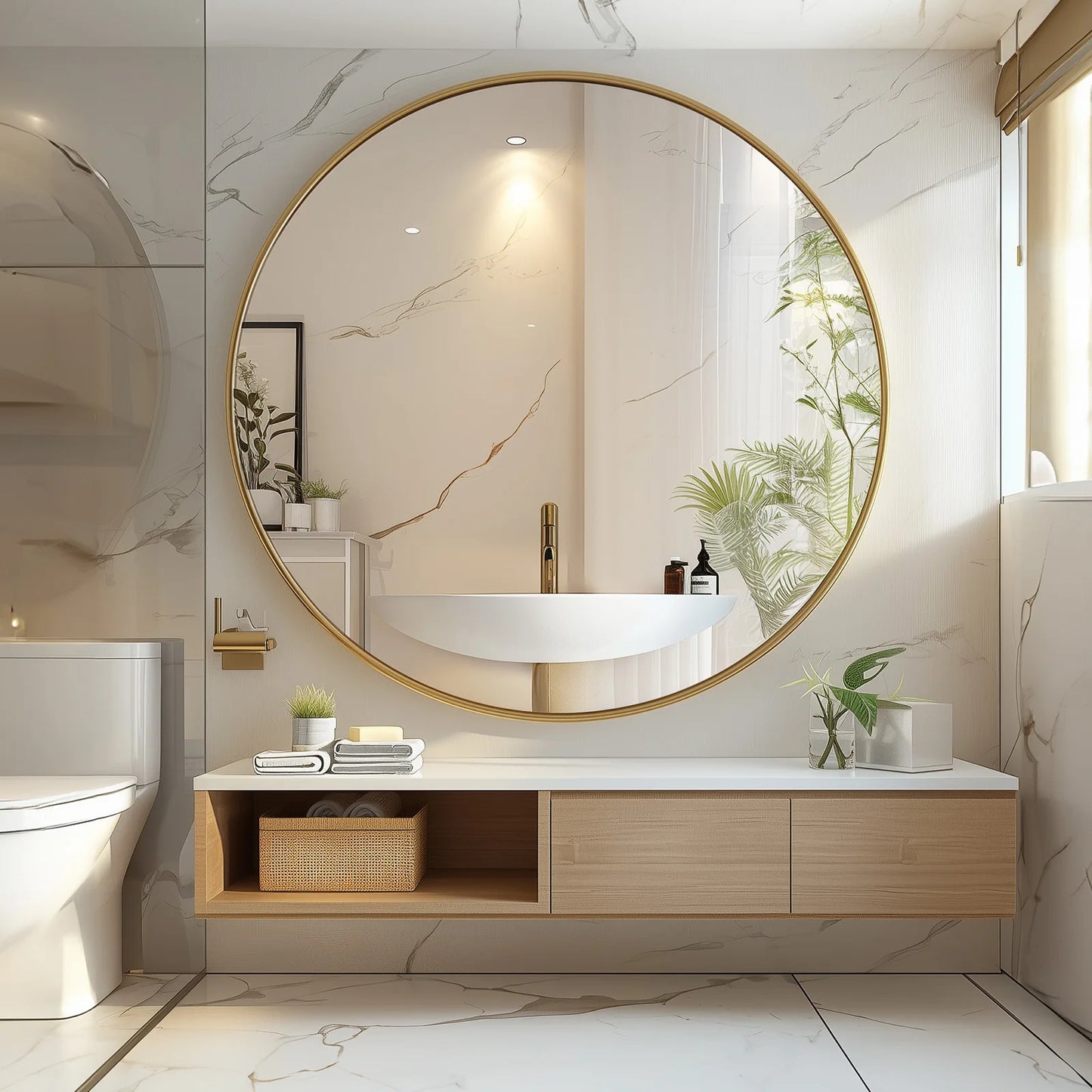 JHK Round Vanity Mirror With Matte Metal Frame Wall Mounted