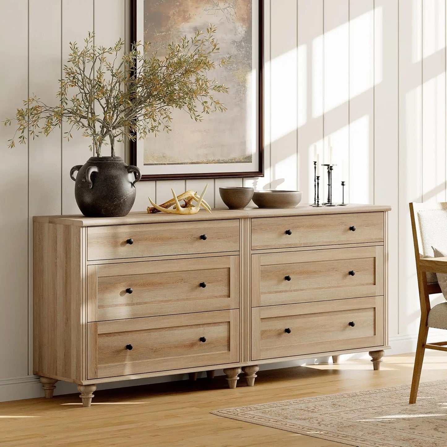Farmhouse Bedroom Set With Dressers And Rattan Nightstands