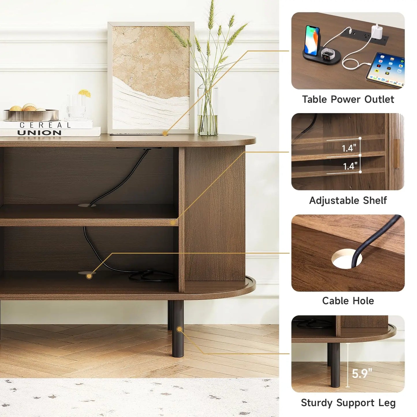TV Stand With Power Outlet And Sliding Doors Storage
