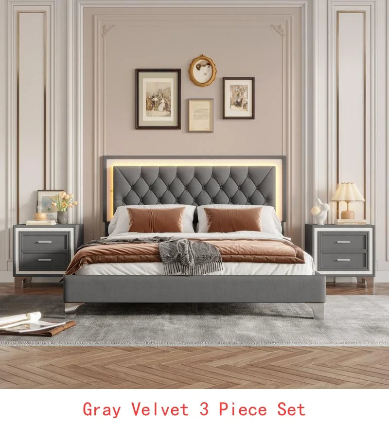 Upholstered Platform Bed With LED Lights And Nightstands Three Piece