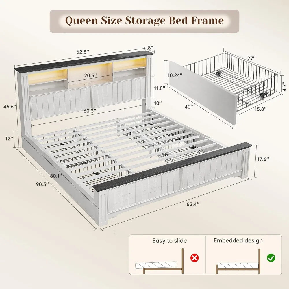 Queen Bed Frame With Headboard And Storage LED And USB