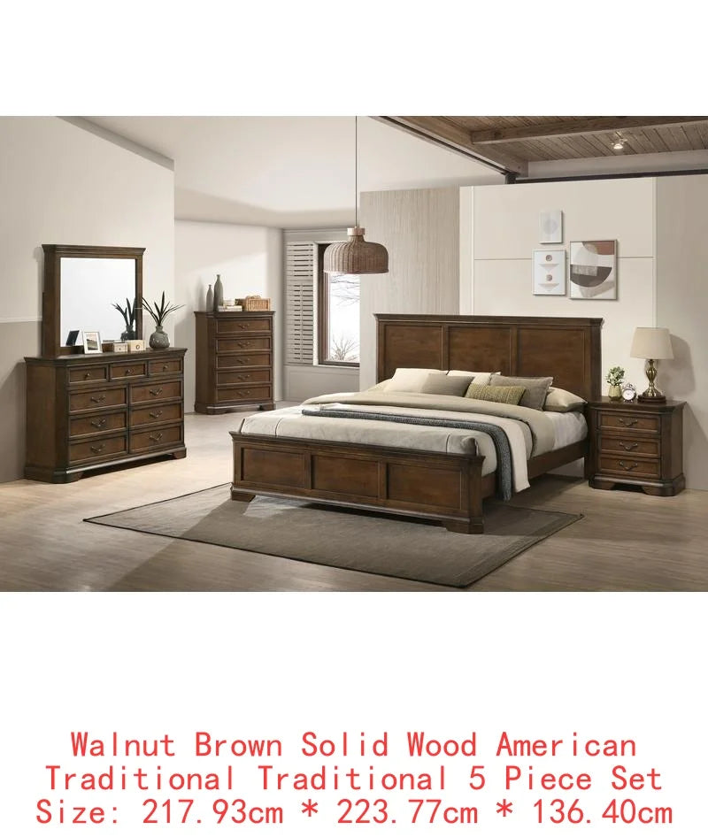 Traditional Wood Panel 5-Piece King Bed Set With Dresser Mirror