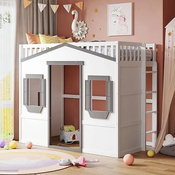 Loft Bed With Built In Storage Wardrobe And Two Windows Solid Wood
