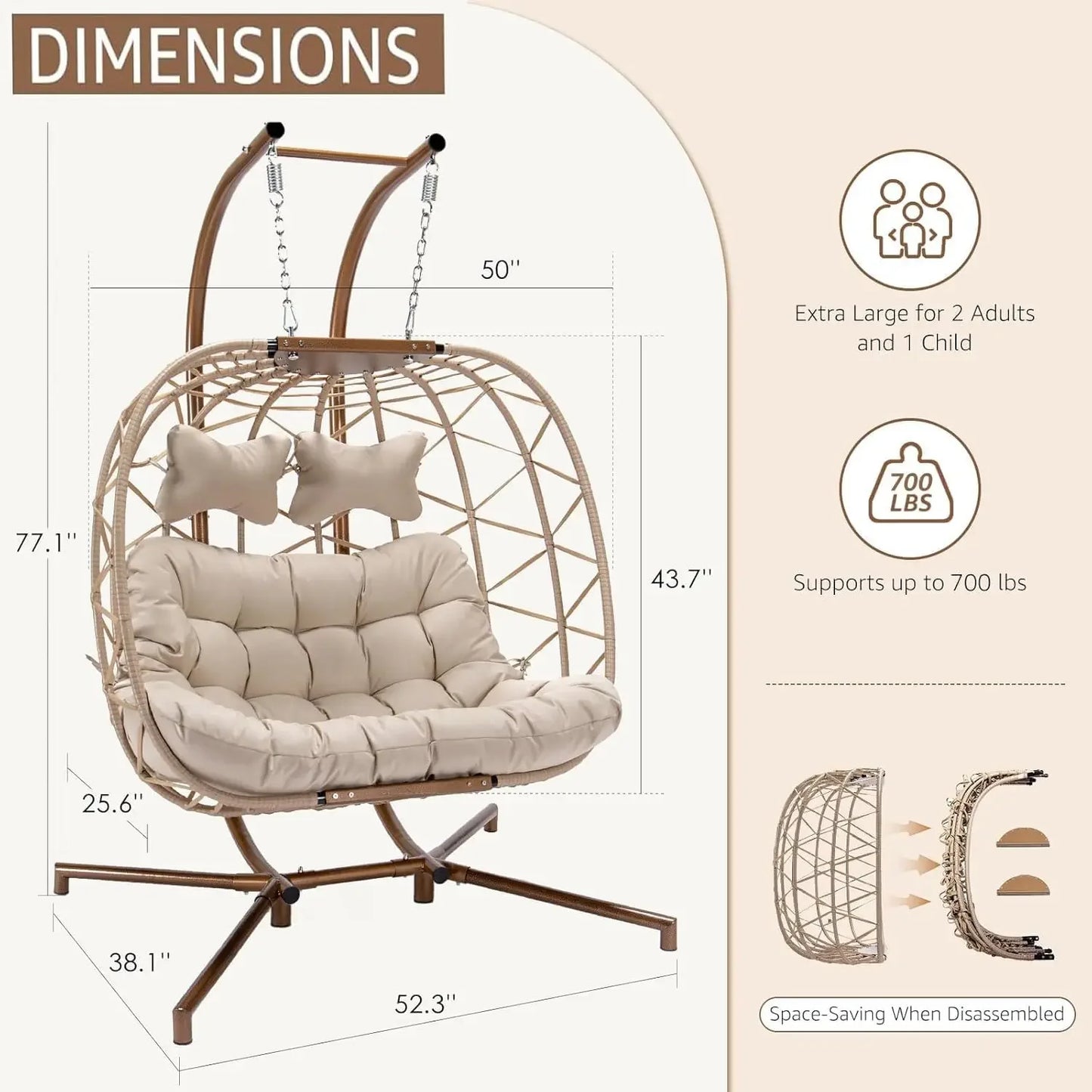 Double Swing Egg Chair With Stand Wicker Basket Cushions
