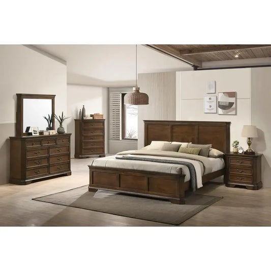 Traditional Wood Panel 5-Piece King Bed Set With Dresser Mirror