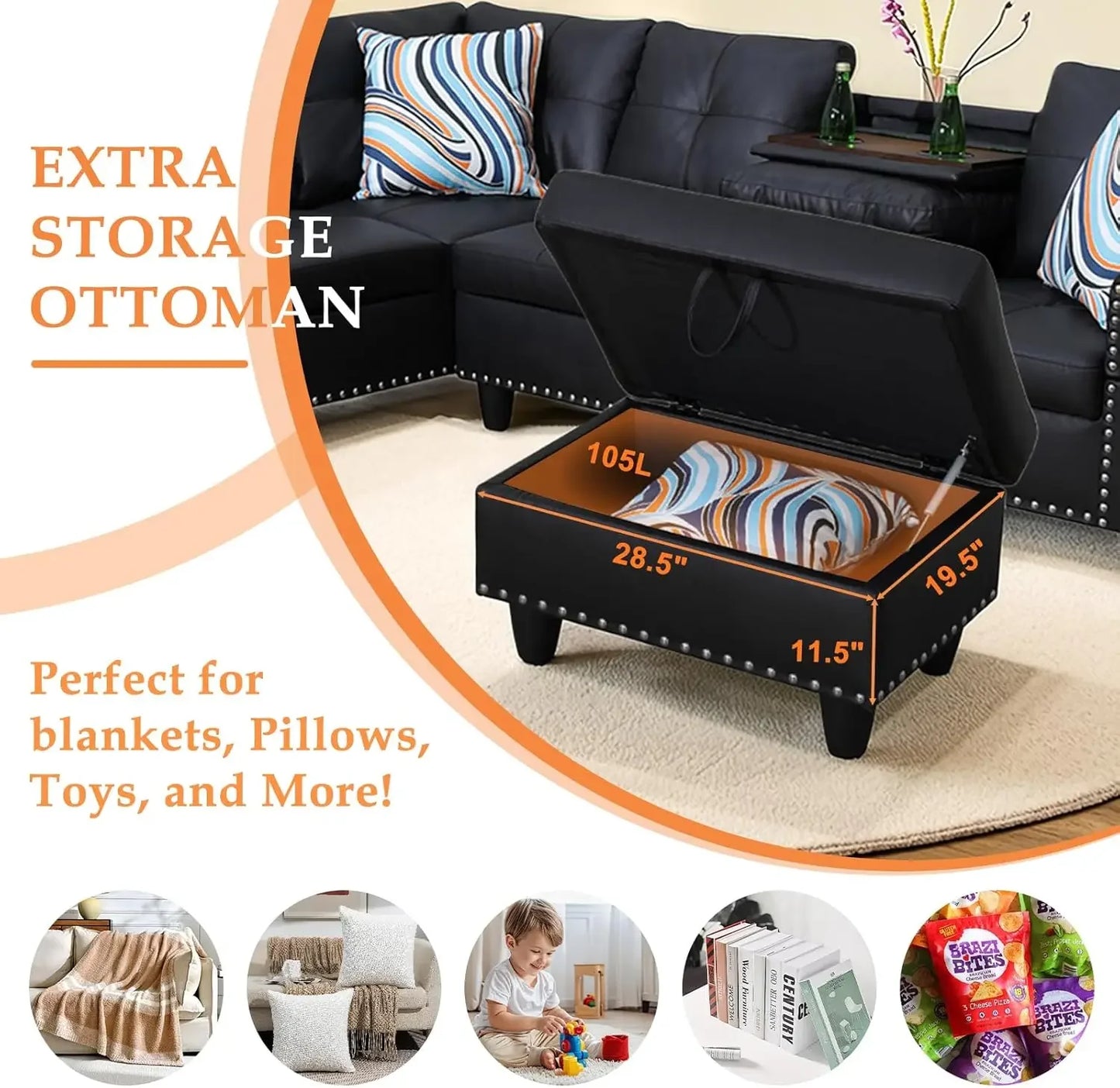 Modern Sectional Sofa With Chaise Lounge And Ottoman