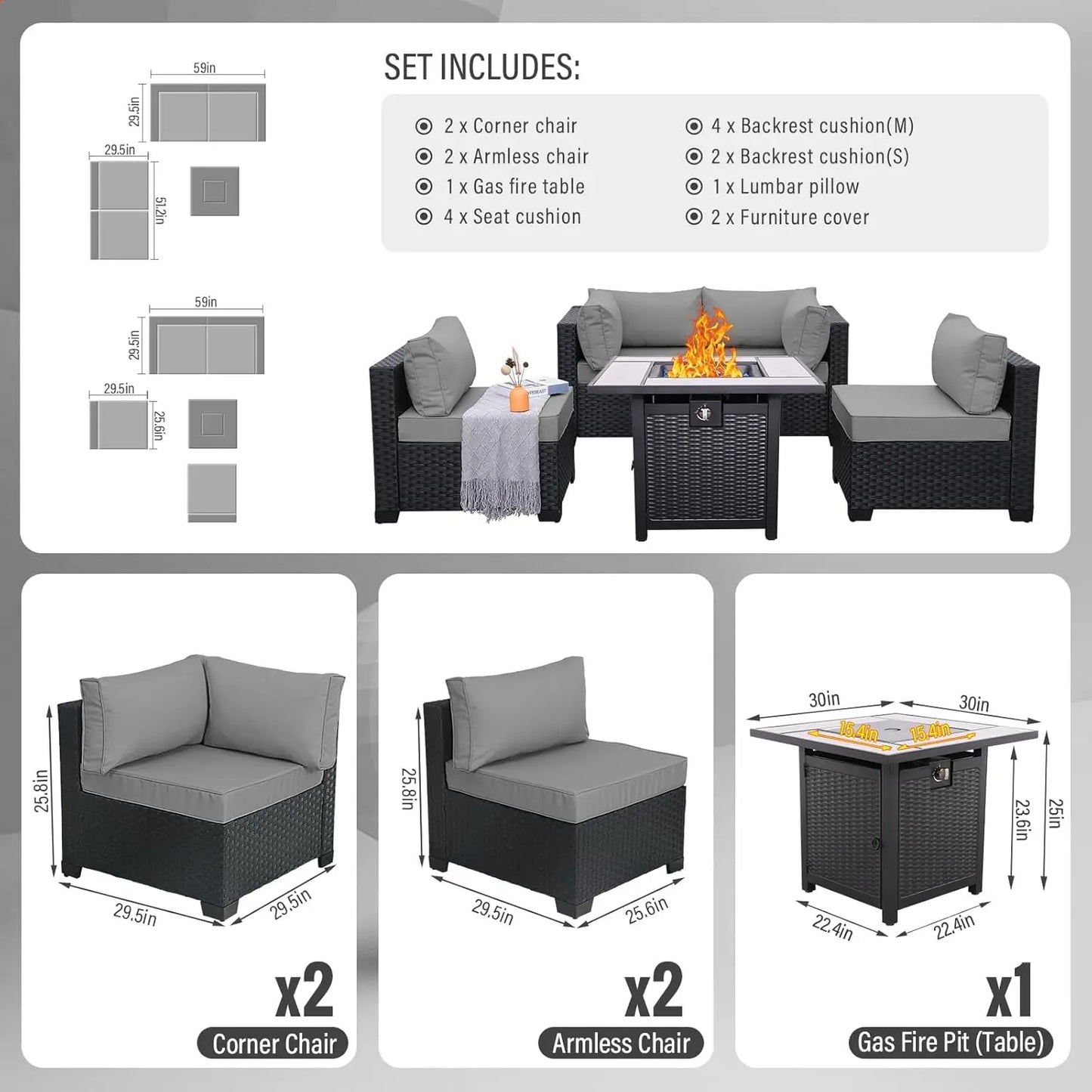 Rattan Sectional Sofa Set With Propane Fire Pit Table For Outdoor Patio