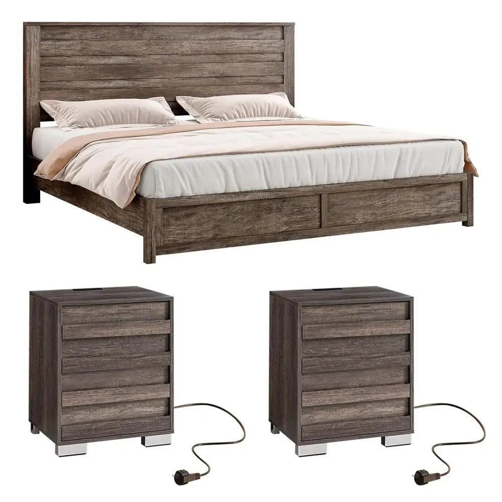 Farmhouse Bedroom Set With Bed Frame And Two Nightstands