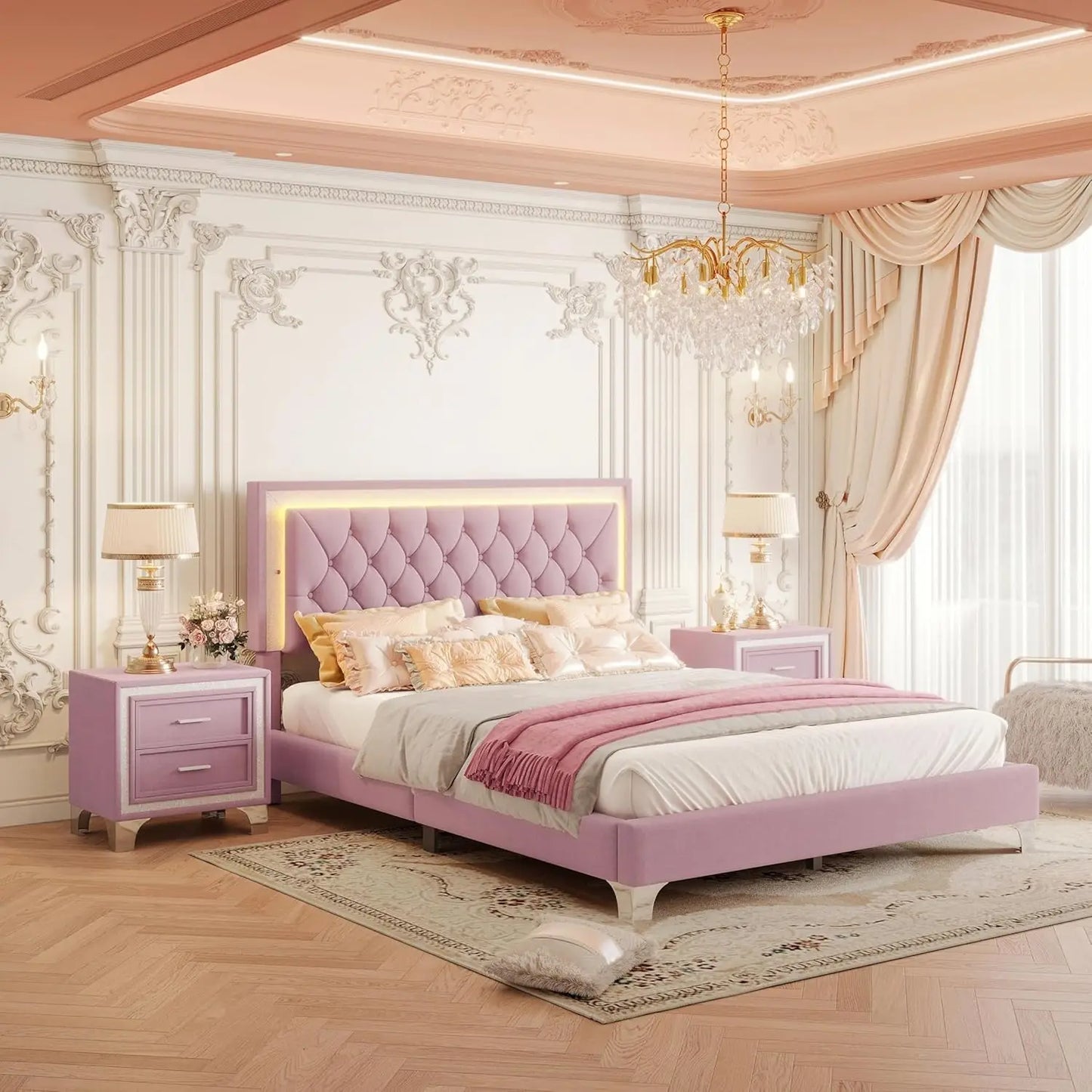 3 Piece Bedroom Set With LED Lights And Nightstands