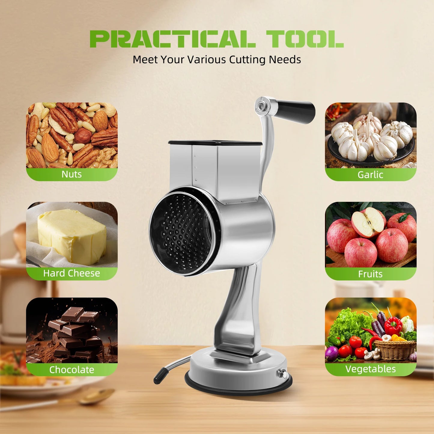 Rotary Grater With Five Blades Stainless Steel Manual Grinder