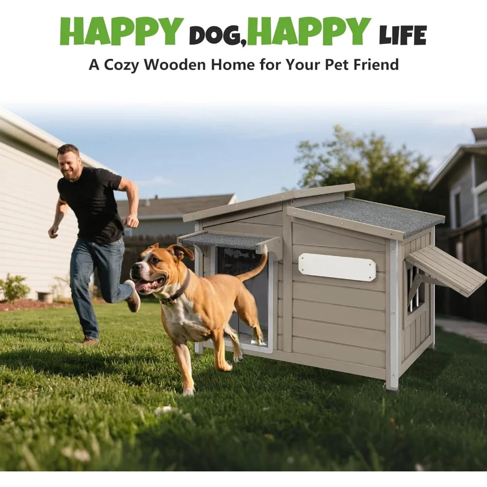 Outdoor Wooden Dog House Weatherproof Adjustable Vent Windows