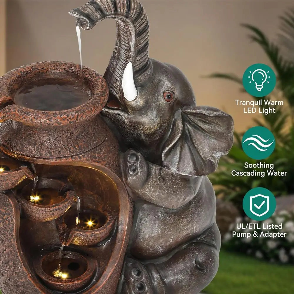 Elephant Jar Outdoor Water Feature With Cascading Waterfall For Garden