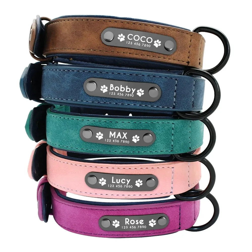 Personalized Name ID Leather Dog Collar With Custom Text
