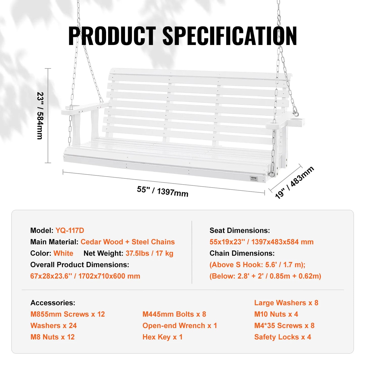 SucceBuy Cedar Wood Porch Swing With Steel Chains Outdoor Bench