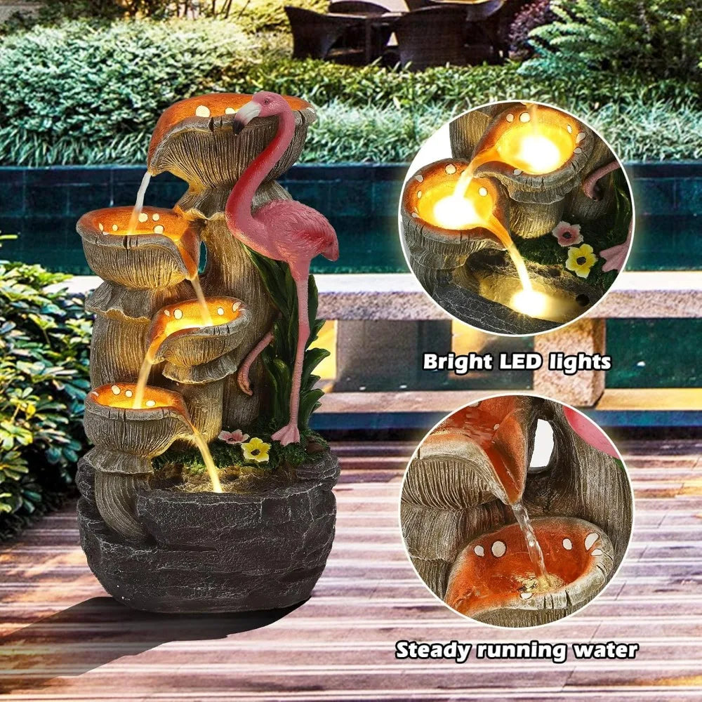 USSerenaY 5 Tier Outdoor Water Feature Fountain Flamingo LED Lights