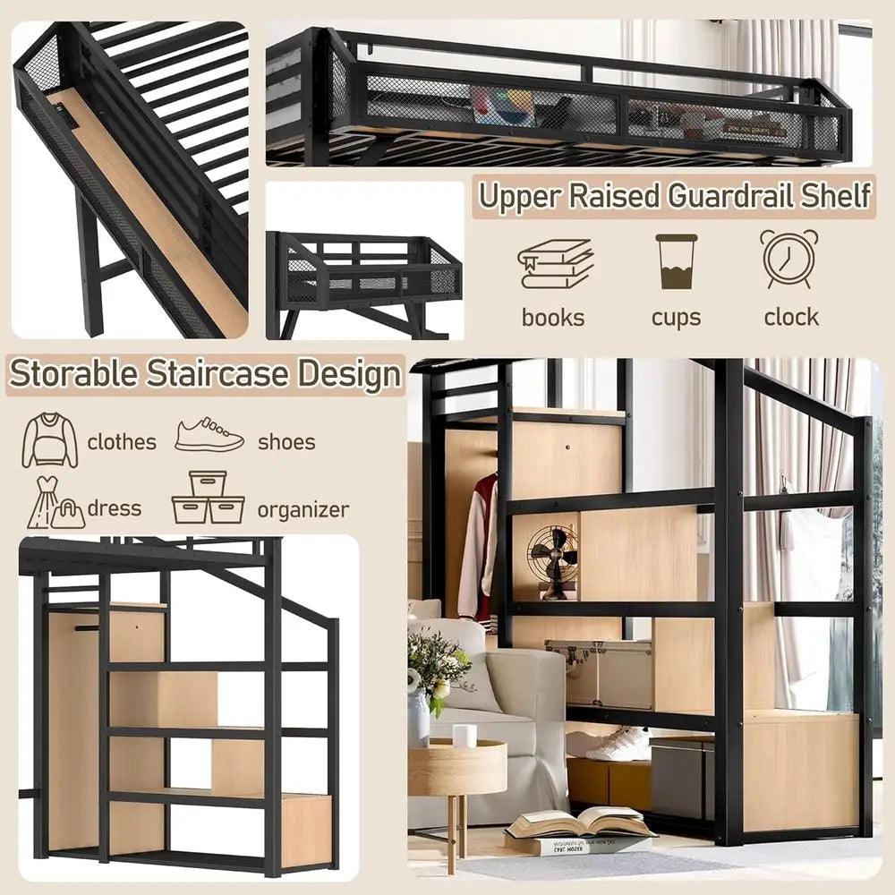 Metal Loft Bed With Storage Stairs And Wardrobe USB Lighting