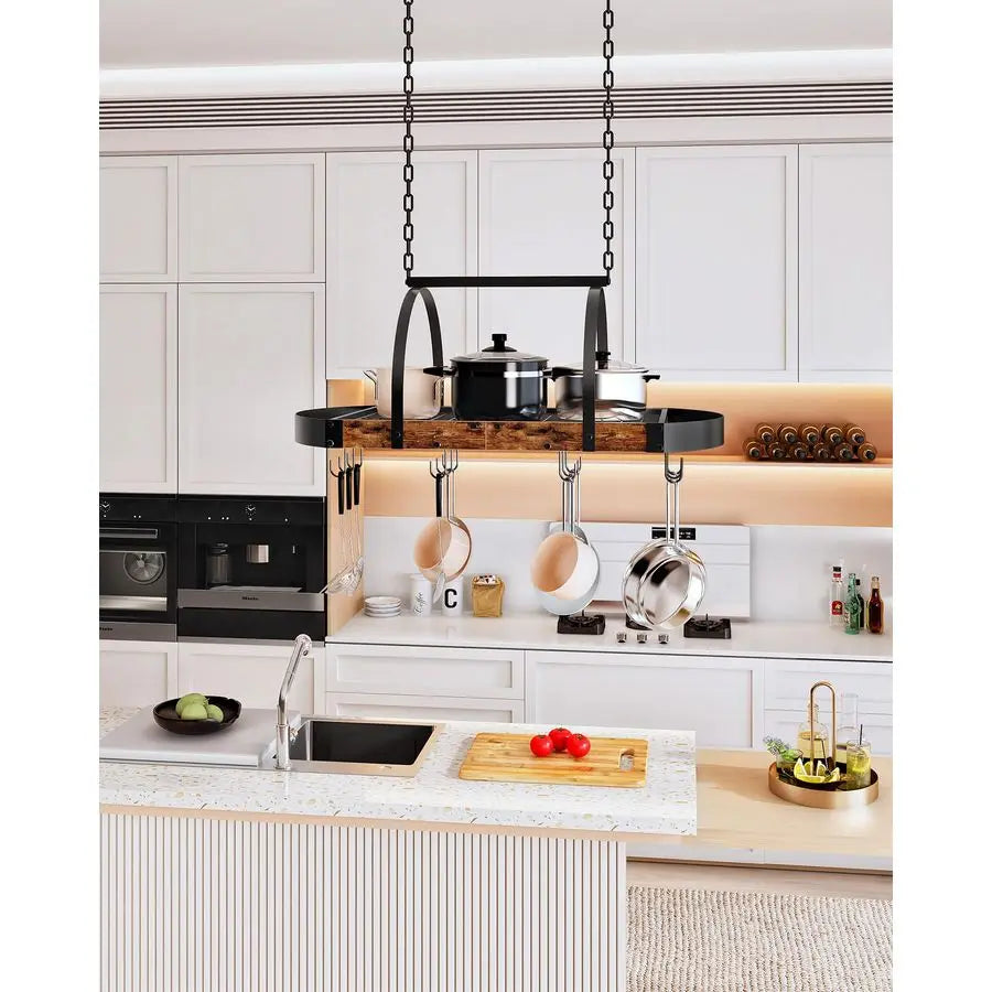 Pot Rack Ceiling Mounted With Mesh Shelf And Twelve S Hooks