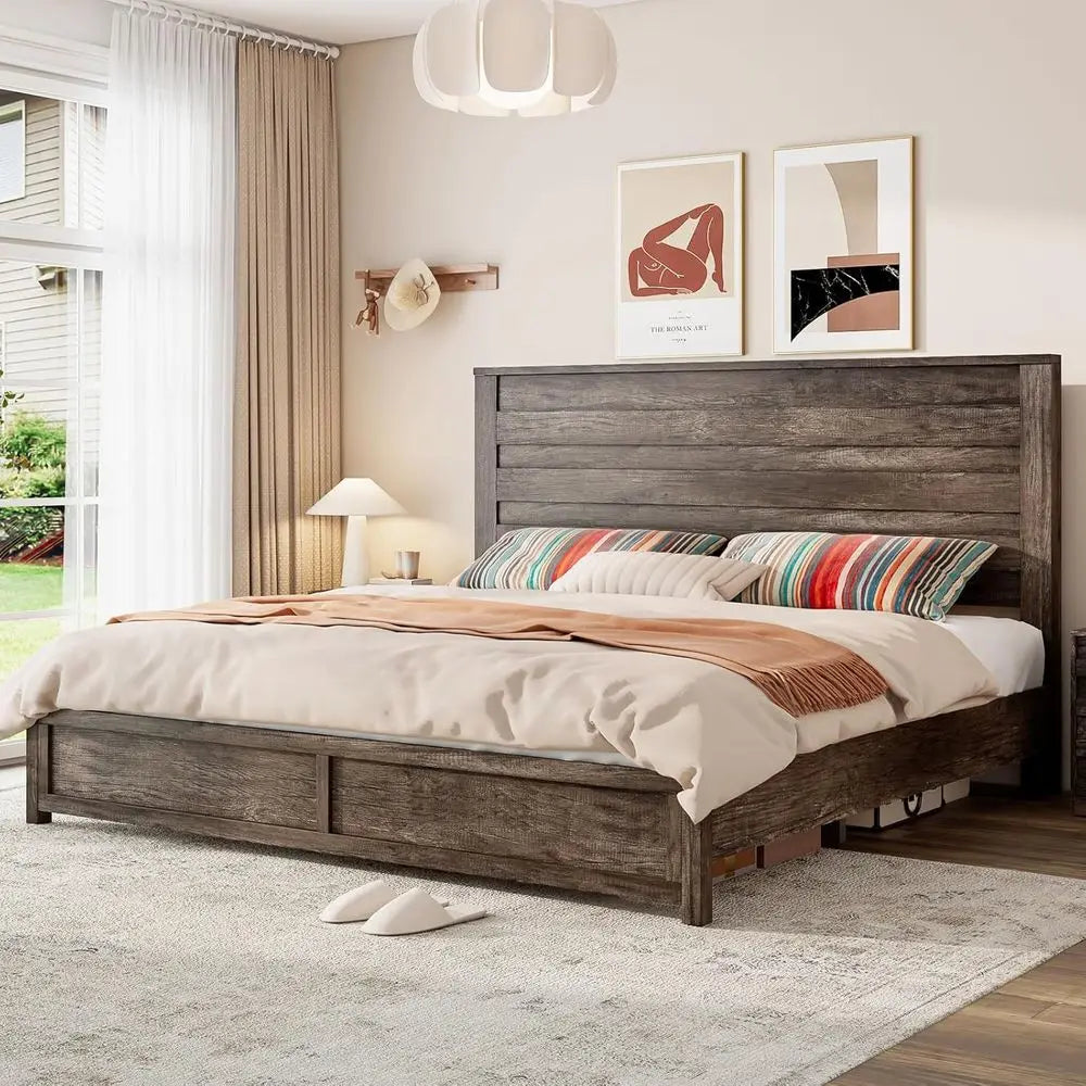 Farmhouse Bedroom Set With Bed Frame And Two Nightstands